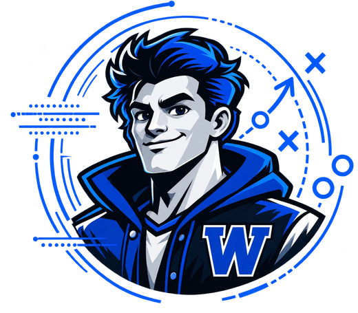 Wilbert, the Wilbert AI mascot in a blue varsity jacket